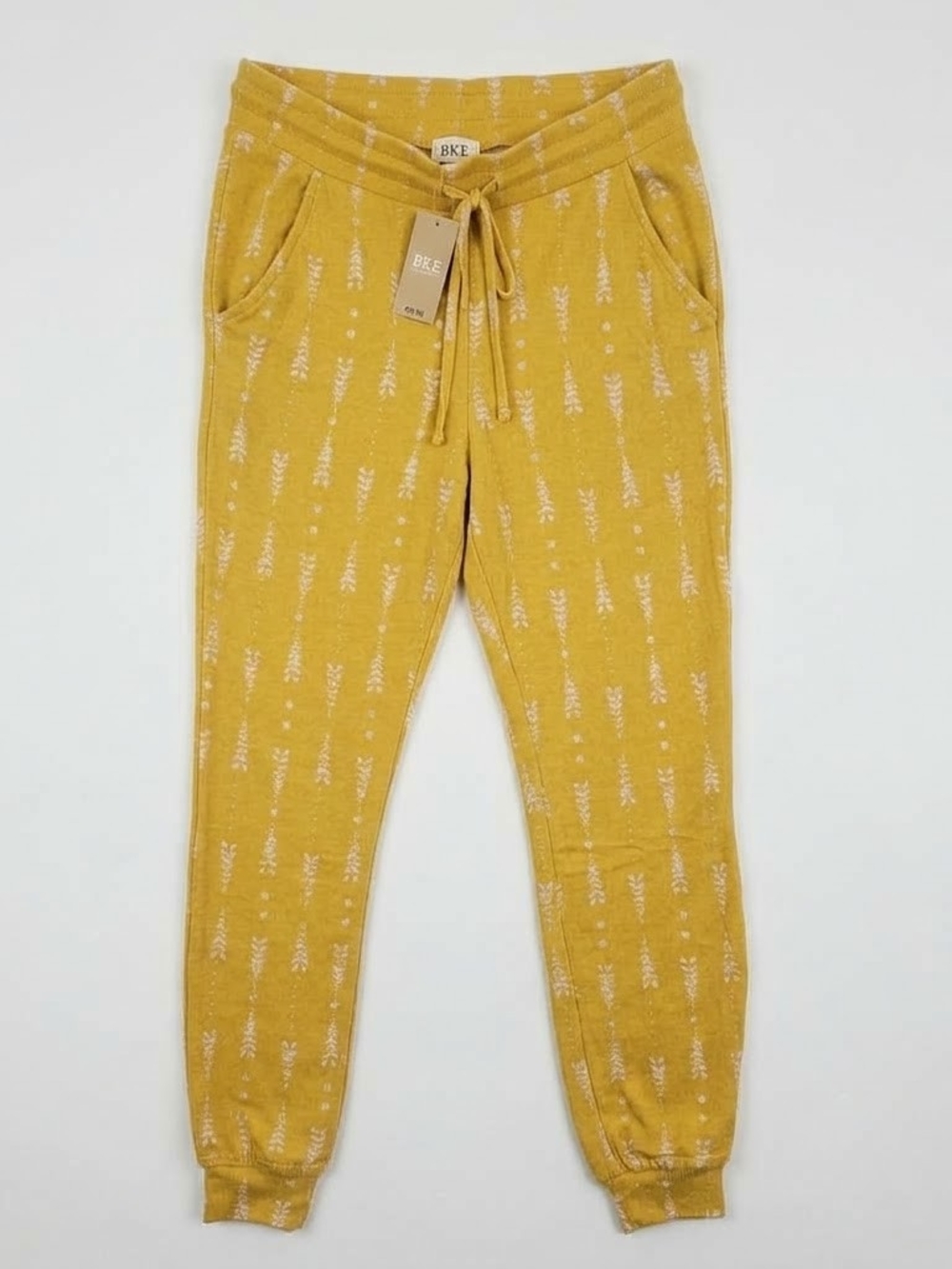 NWT BKE Mustard Yellow Drawstring Jogger Pants Sz S Aztec Print Fleece Cotton